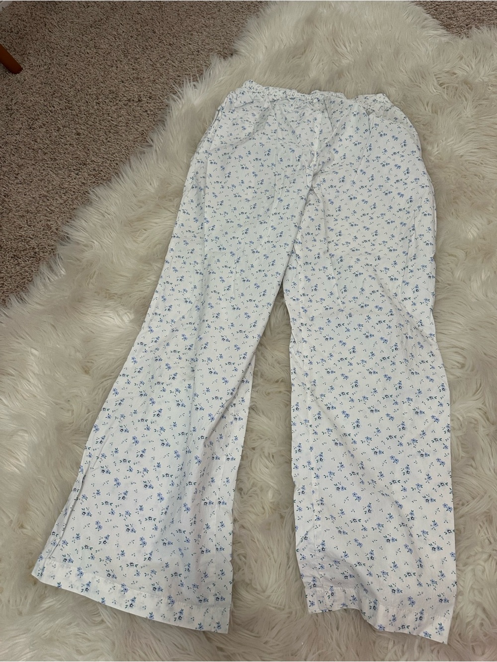Women's White Pajama Pants with Blue Floral Print